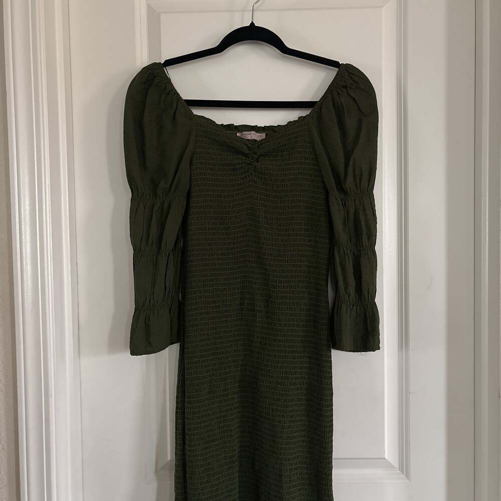 Smocked Puff-Sleeved Midi Dress in Olive Green